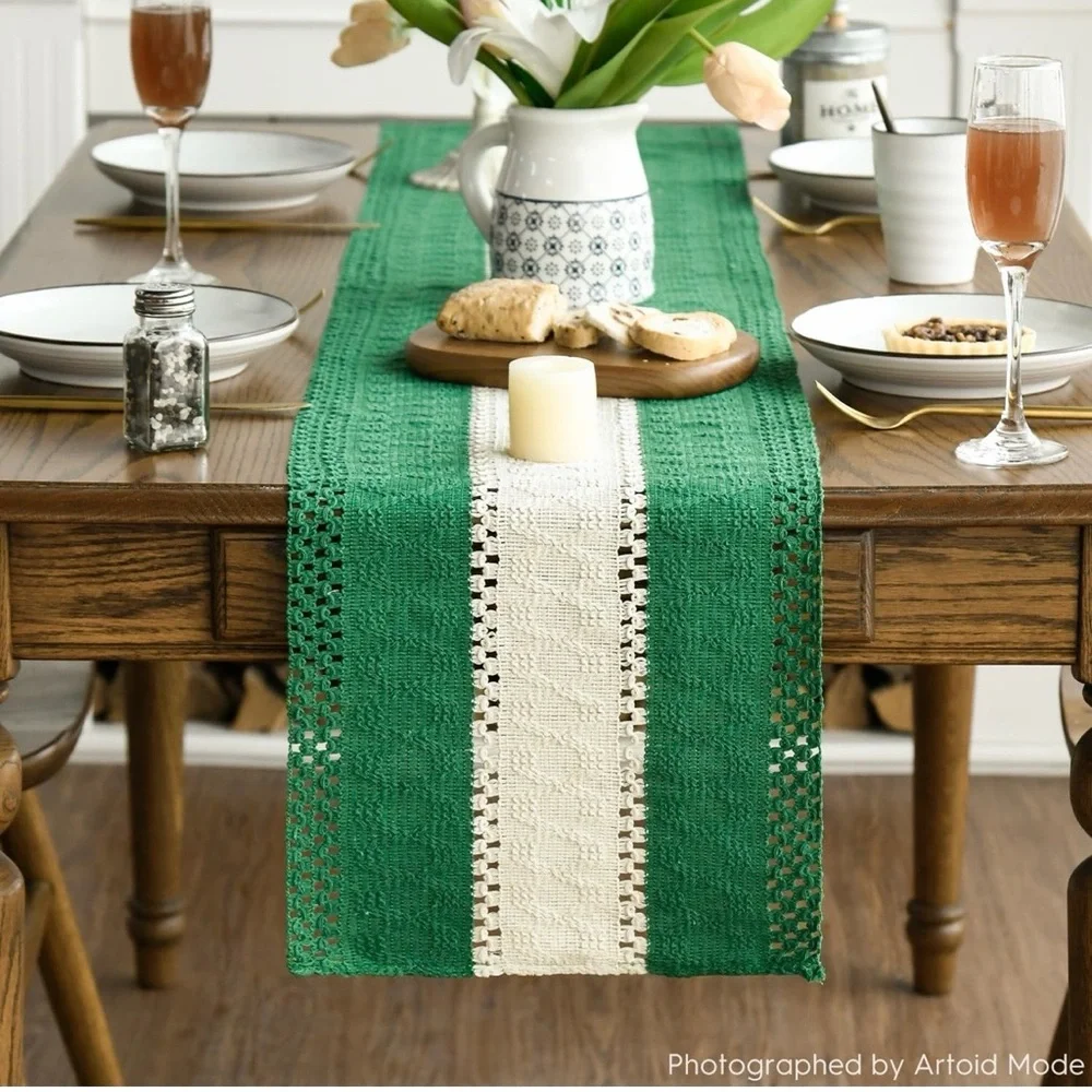 Woven Green and White Boho Table Runner 12” x 72” | Dining Decor